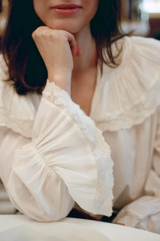 Woman wearing a white blouse with lace details, sitting indoors.