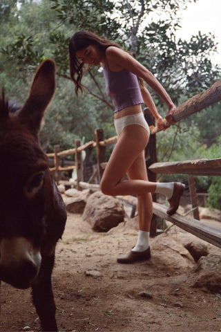 Woman in a purple top and white underwear standing on a wooden fence next to a donkey in a natural setting.