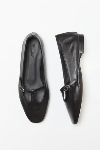 Pair of black flat shoes on a white background