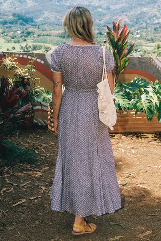 Woman in a long purple dress standing outdoors with scenic background