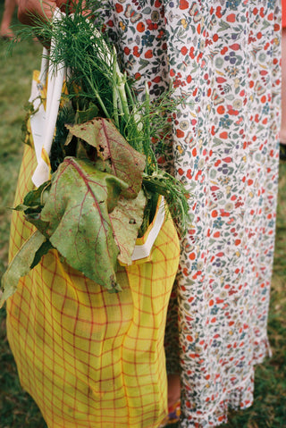 Person holding a bag of fresh greens with a floral-patterned dress in the background