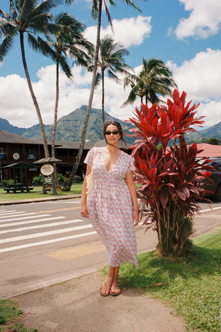 Woman standing outside in front of mountains looking at the camera, with a V-neck dress featuring a small blue and red floral pattern dress. The dress is just above ankle length. 