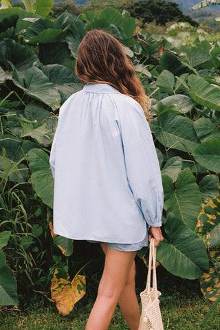 Person wearing a light blue chambray button-down shirt standing in a field of large green leaves.