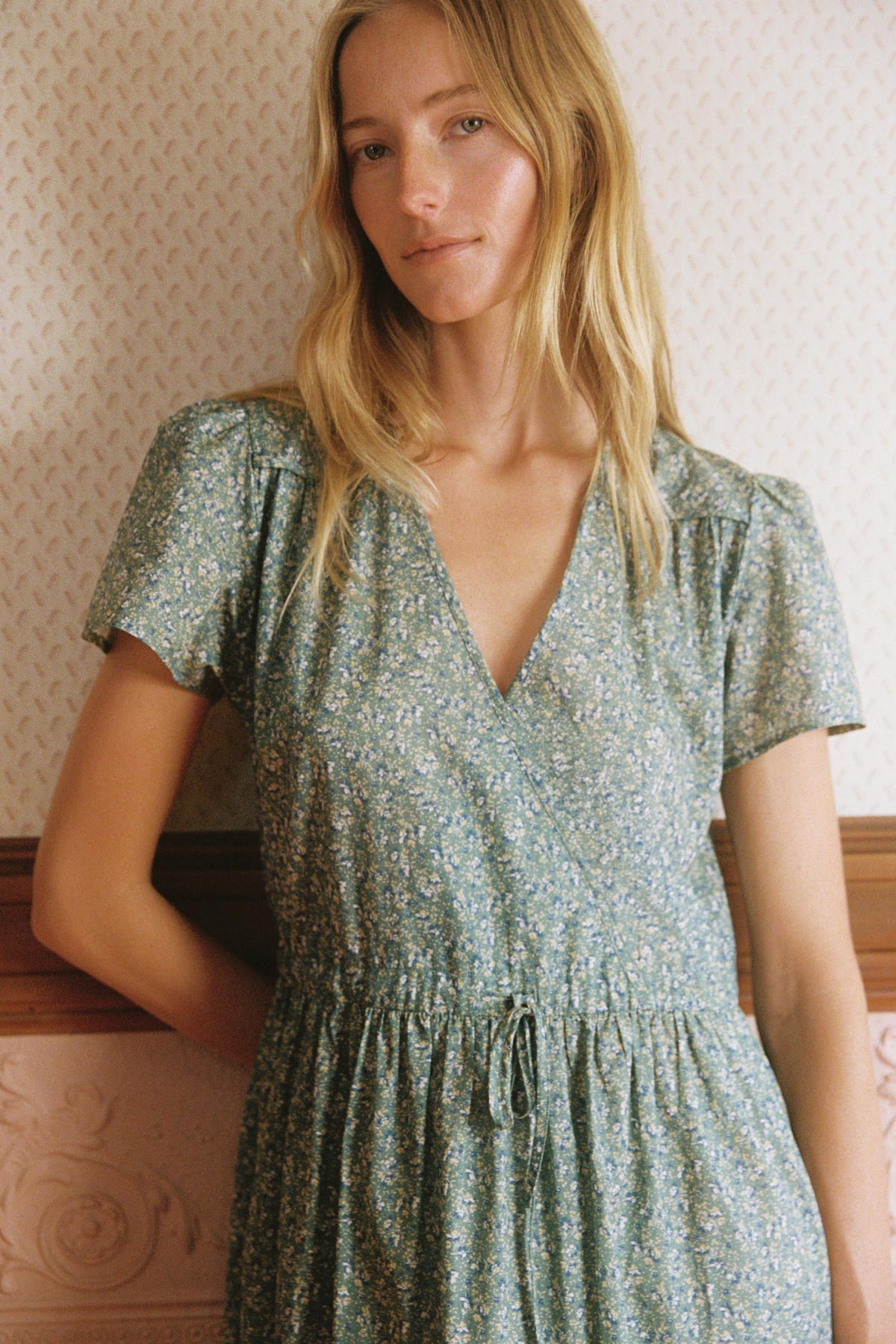 christy dawn dresses The Simple Dress 100% Regenerative Cotton Neckline snap closure Adjustable drawstring waist Robin Blossom is made with a floral ditsy print of two birds perched on a red ground Contrast binding in Pink Robin Blossom The Dawn Dress | Women's