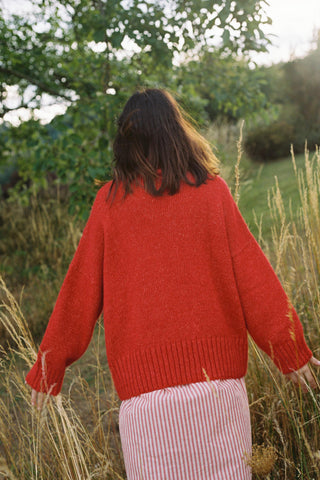Person wearing a red sweater and striped skirt standing in a field with greenery walking away from the camera