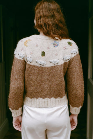 Person wearing a brown and white sweater with embroidered details, facing away from the camera.