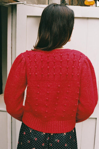 Back shot of a Person wearing a red knitted sweater with a white background