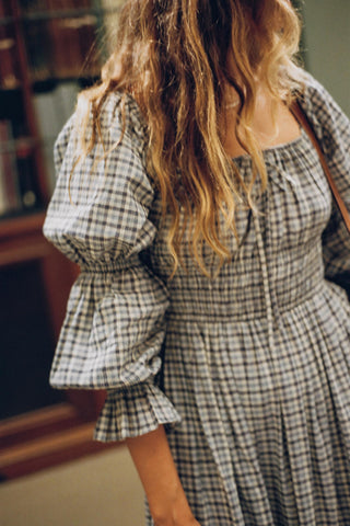 dawn midi dress in brown gingham product info and reviews Gingham Linen Dress: Earth Tone Midi with Pockets