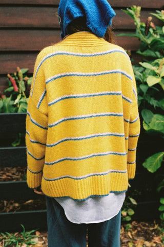 A person viewed from behind wearing a bright yellow knit sweater with thin blue and white horizontal stripes, a blue knit hat, and blue jeans, standing outdoors in front of a dark wooden fence and green plants.