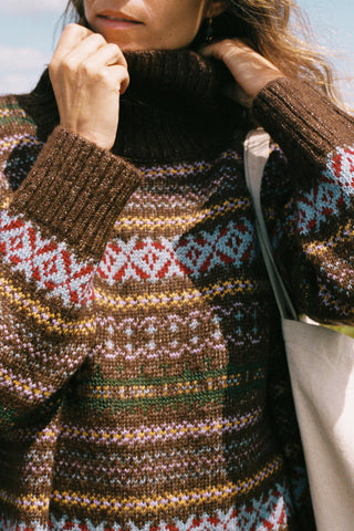 Close shot of a patterned chunky knit sweater