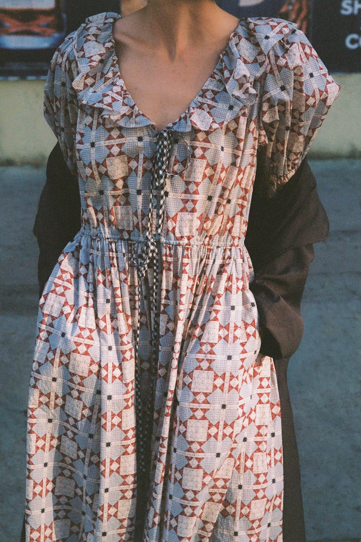bohemian patchwork dress The Fabiana in Country Patchwork, Size Medium, Organic Cotton Loose cut tiered long BROOKLYN WAVY ASYMMETRIC DRESS Color:BLACK/RED 20260519-PRODUCT-ALLSITE