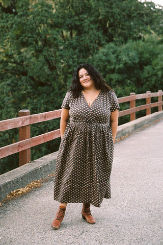 The Dawn Dress Extended | Carob Ditsy Leaf