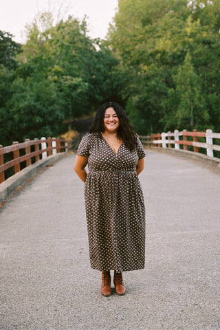 The Dawn Dress Extended | Carob Ditsy Leaf