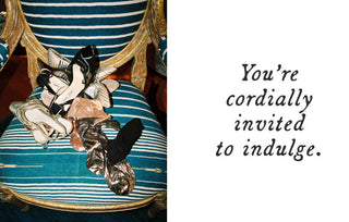 A pile of assorted women's shoes and heels resting on a blue-and-white striped upholstered chair with gold trim, next to text that reads, 'You're cordially invited to indulge.'.