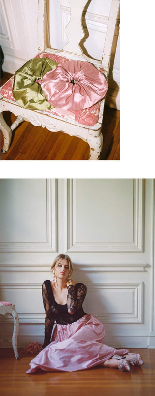 A two-panel image showing a pink satin bow and matching pink skirt worn by a woman sitting on a wooden floor against a white paneled wall, with a smaller top panel showing a pink satin chair cushion and green satin chair cushion on a distressed wooden chair.