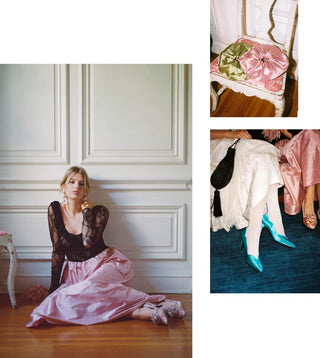 A fashion editorial collage featuring a woman in a pink satin skirt and black lace top sitting on a wooden floor against a white paneled wall, alongside two smaller inset photos showing a pink satin chair cushion and a close-up of a pink satin garment.