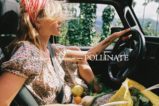 Woman sitting in a car with a basket of vegetables, promotional text overlay.