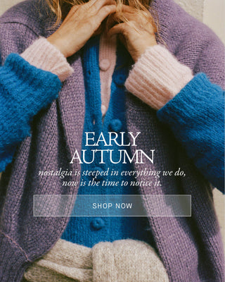 A close-up lifestyle shot of a person wearing a cozy layered knit outfit featuring a lavender cardigan, a bright blue button-front cardigan, and light pink ribbed cuffs, with overlaid text reading 'EARLY AUTUMN' and 'SHOP NOW'.