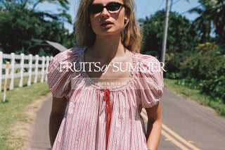 Red dress with the text fruits of summer ripen with us