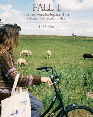 A woman in a patterned knit sweater sits on a black bicycle in a grassy field, carrying a white canvas tote bag with blue graphics. Sheep graze in the background under a cloudy sky, with the text 'FALL I' and a 'SHOP NOW' button at the top.