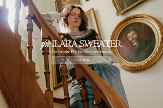 Woman on stairs with copy saying the ilara sweater our favorite fair isle silhouette returns Shop Now