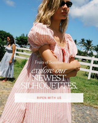 Red dress with the text fruits of summer  explore our newest silhouettes ripen with us