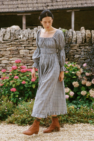 dawn midi dress in brown gingham product info and reviews Women's Dawn Midi Dress in Brown Gingham