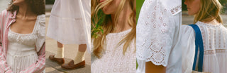 Collage of women wearing white lace dresses and tops outdoors.